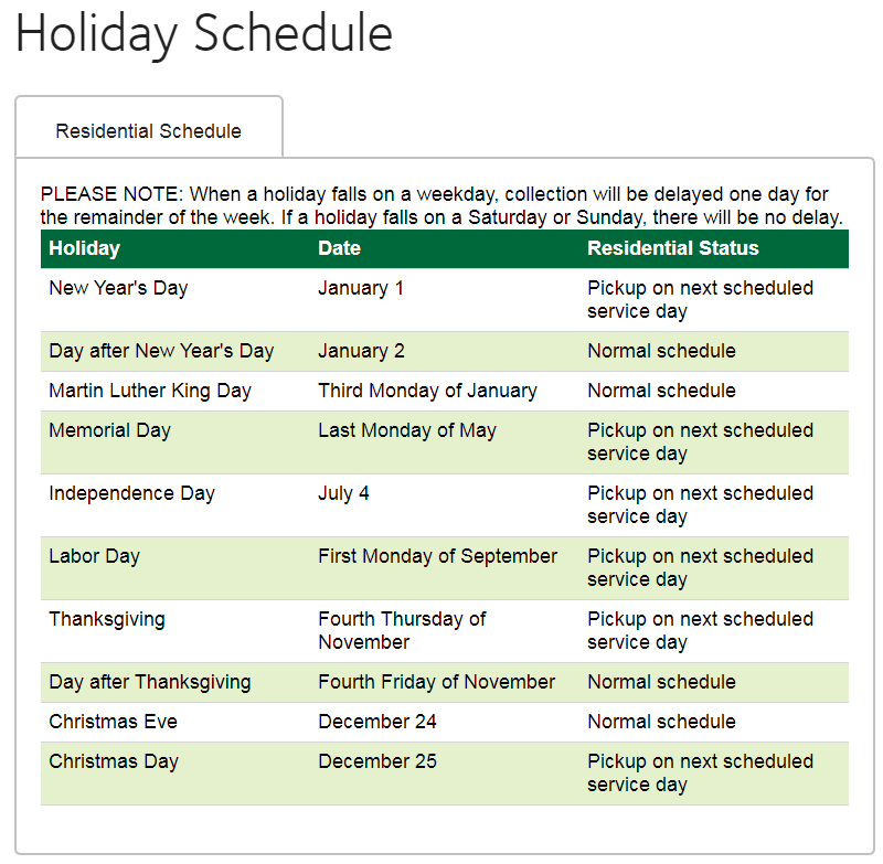 Waste Management Holiday Schedule 